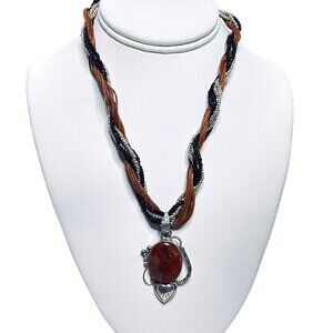12 Strand Black And Gold Seed Bead Necklace With Floral Jasper Pendant (5892)